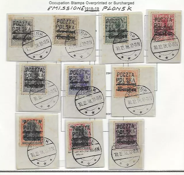 Poland/PLONSK stamps 1918 set of 10 stamps on fragments CANC VF