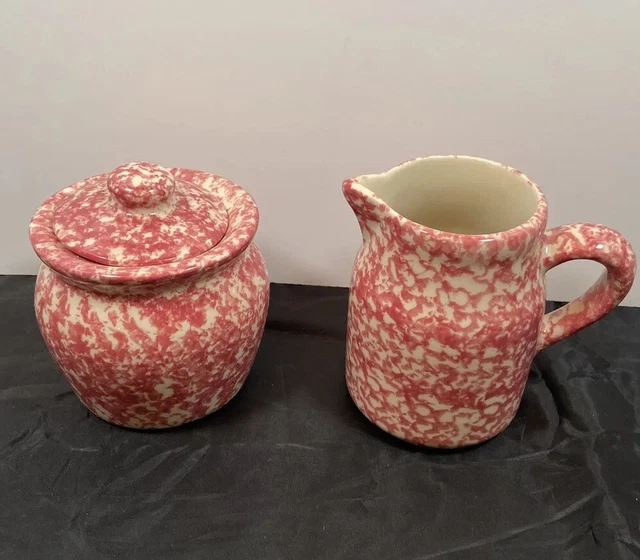 Roseville Spongeware Pink Pottery By Gerald Henn Creamer & Lidded Sugar Set!