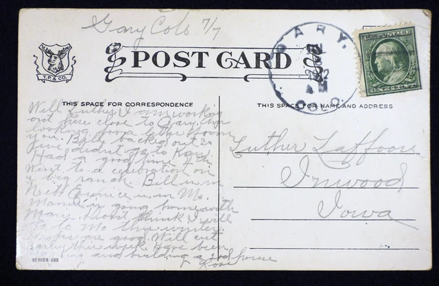Vtg 1910s DPO Dead Post Office Greeting POSTCARD 1912 Gary Colorado Postmark