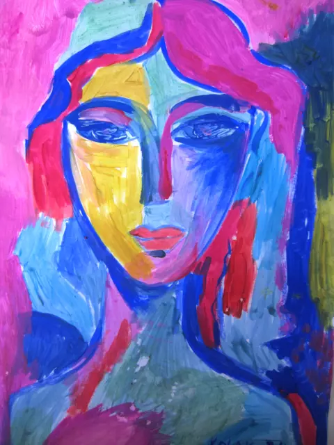 Original Art Woman Girl Blue Pink Hair Psychedelic Colour Fauvism Style Matisse