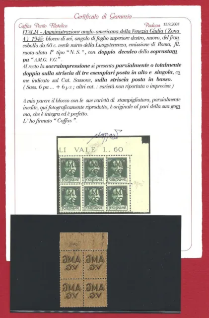 1945 VENEZIA GIULIA AMG VG, n . 6fb 60 c. green myrtle MNH / ** VARIETY PAIR