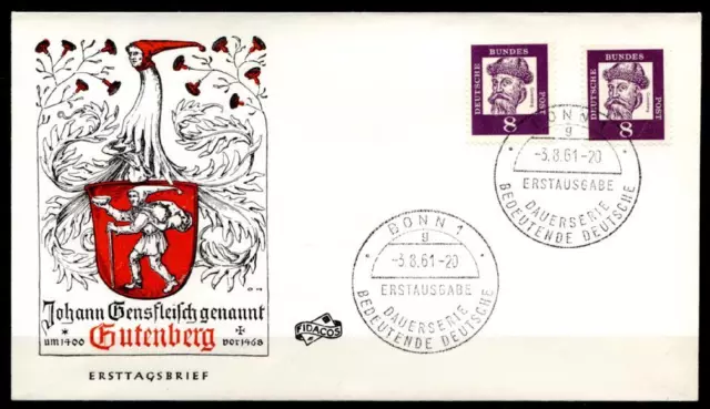 Erfinder des Buchdrucks Johannes Gutenberg. FDC(1)x2W(MiNr.349y+349x). BRD 1961