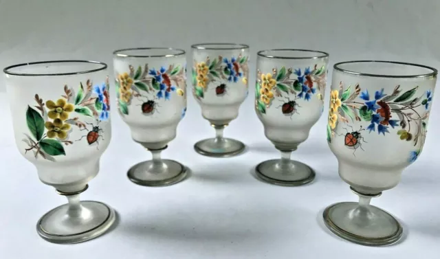 5x Kelch Glas antik Andenken Glas Emaille-Malerei Marienkäfer Blumen Dekor ~1850