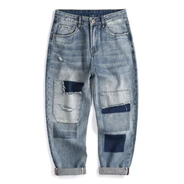 Uomo Casual Patchwork Pantaloni Denim Affliggere Gamba Dritta Jeans Larga