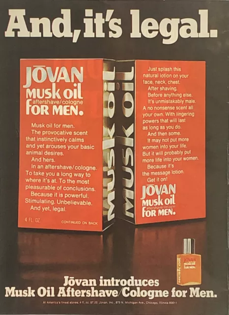 PRINT AD 1977 Jovan Musk Oil Aftershave Cologne And Its Legal VTG Advertising