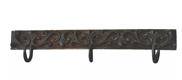 Cast Iron Decorative 3 Hook Wall Mount Coat Hanger 20” X 4*  Wood Back VTG