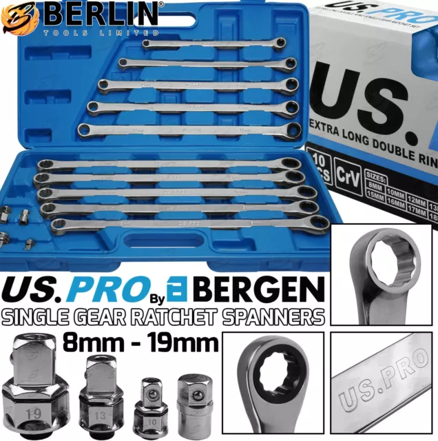 BERGEN Extra Long Double Ring Aviation Spanners With Ratchet End 8-19mm Wrenches