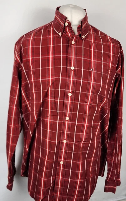 Camicia Tommy Hilfiger uomo a scacchi rossi medi maniche lunghe cotone bottone casual