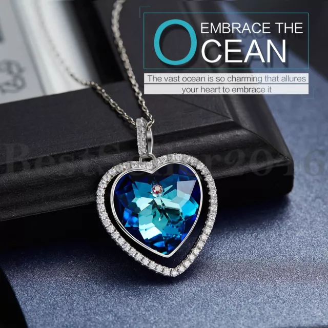 Sterling Silver Titanic Heart of The Ocean Made with Swarovski Crystal Necklace 2