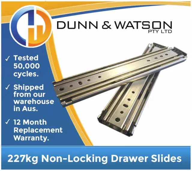 HEAVY DUTY 227kg Non Locking Drawer Slides / Runners - Lengths 356mm to 2007mm