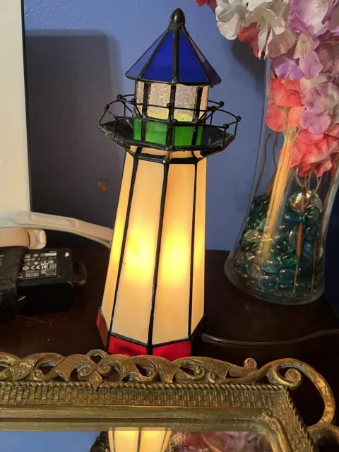 VINTAGE STAINED GLASS Light House Tiffany style Style 10"  Night Light Lamp