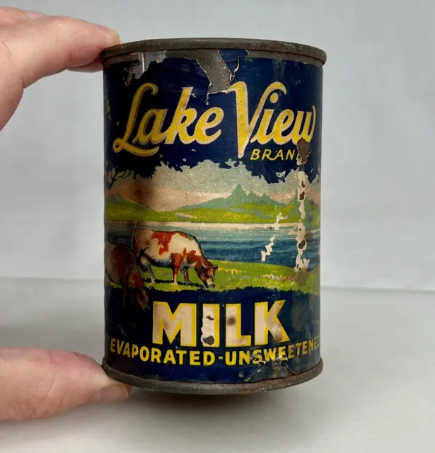 Lake View Brand Evaporated Milk Antique Vintage Tin Can - 91992