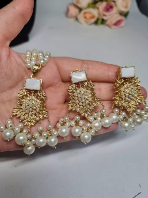 Indian Pakistani Gold plated 3 Piece Pearl Combo Set With   Stones