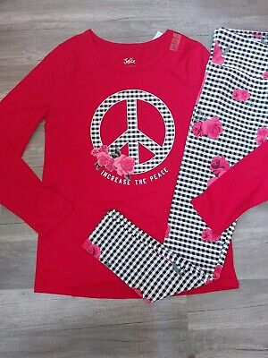NWT Justice Girls Outfit Floral Houndstooth Peace Rose Top/Leggings Size 12 (B5)