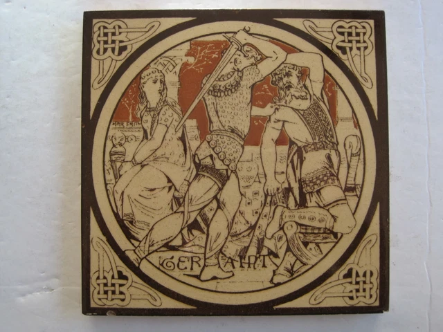 ANTIQUE MINTON - MOYR SMITH - TENNYSON'S IDYLLS OF THE KING TILE - GERAINT c1876