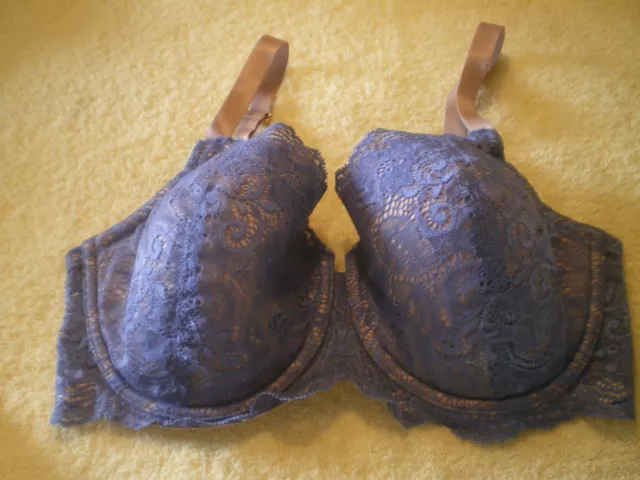 Third Love Bra Memory Foam Lace Balconette 34E Blue w Nude Underwire FR/SHP