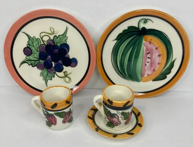 Vtg Vicki Carroll Lot of Bon Appetit Fruit Plates & cups w/ saucer Signed 1995