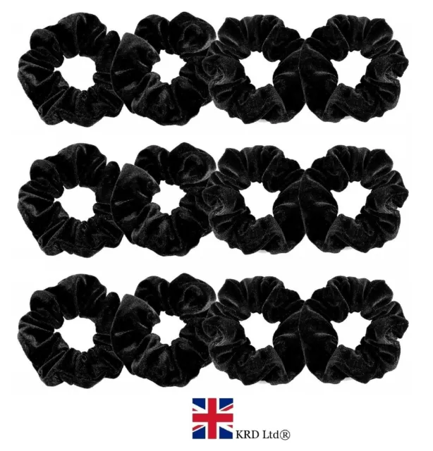 12 x BLACK VELVET HAIR SCRUNCHIE PACK Bands Ponytail Holder Velveteen Bobble UK