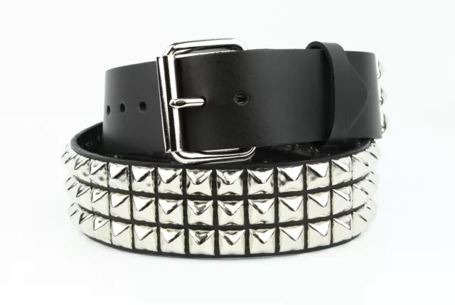 Studded 3 Row Silver Pyramid USA Made Belt Genuine Leather Punk Rock Gothic