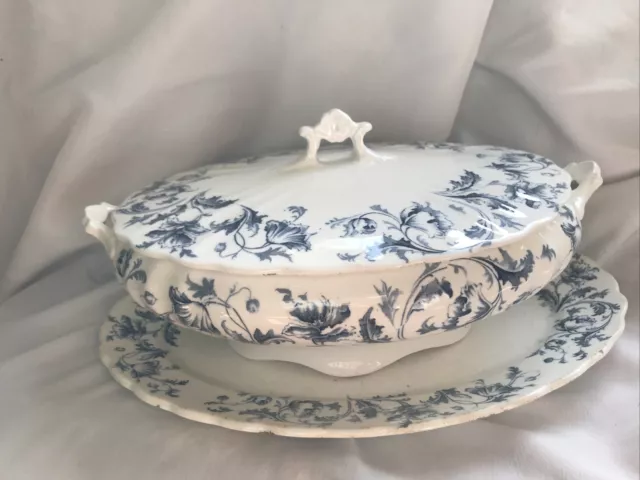 Vintage Ophelia Floral Blue & White Lidded Tureen & Plate Oval With Handles