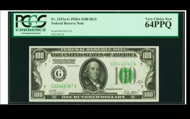 == PCGS 64 A $100 1928A = A GOLD CLAUSE Fr. 2151-G Dark Green   Very choice new