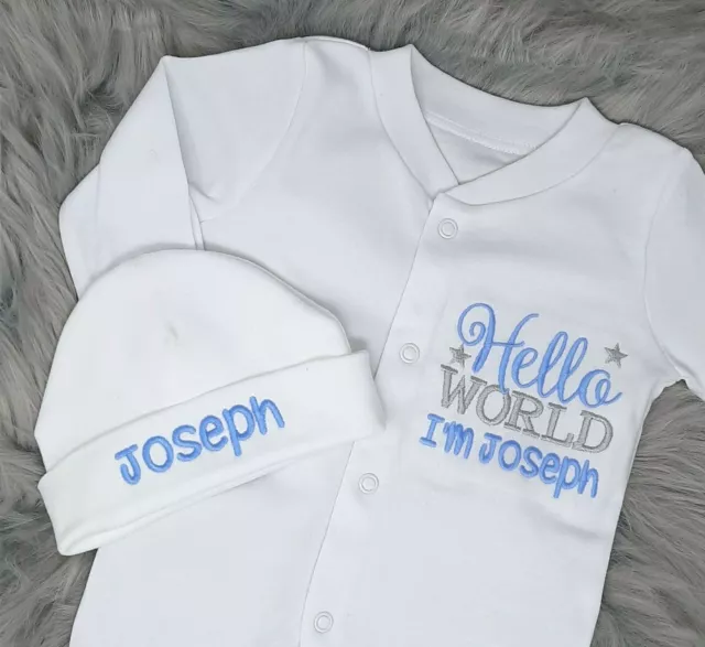 Personalised Baby grow + Hat Set, Sleepsuit, Embroidered Custom Gift, Boy Name