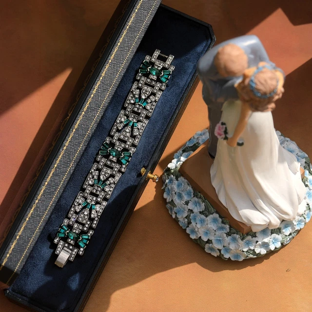 Bracelet Art Déco Argenté Avec Strass Vert - Style Vintage Great Gatsby - Mariage - Neuf Sans Emballage
