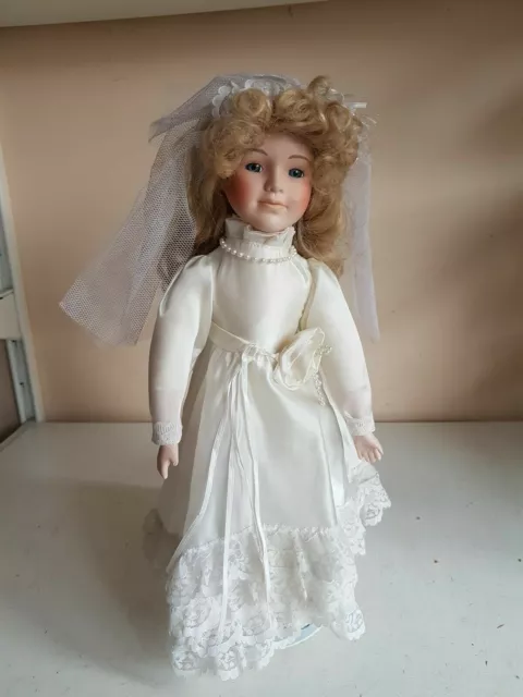 Collectible Wedding Bride Girl Porcelain Soft Body Doll White Dress w Stand Home