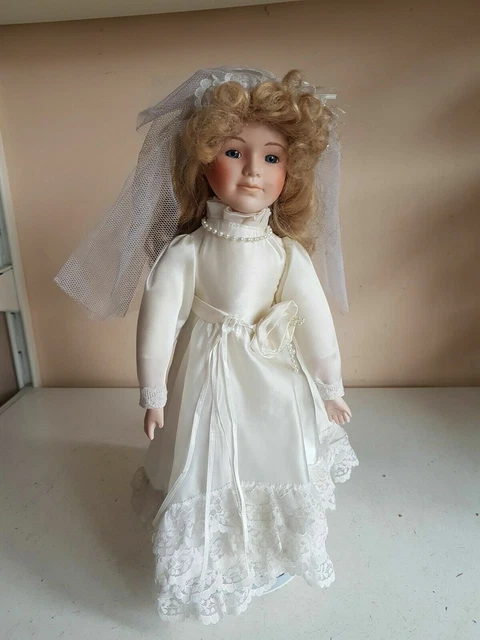 Collectible Wedding Bride Girl Porcelain Soft Body Doll White Dress w Stand Home