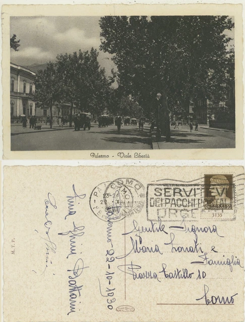 PALERMO -VIALE LIBERTà ANIMATA CARROZZELLE 1930 TARGHETTA CARTOLINA