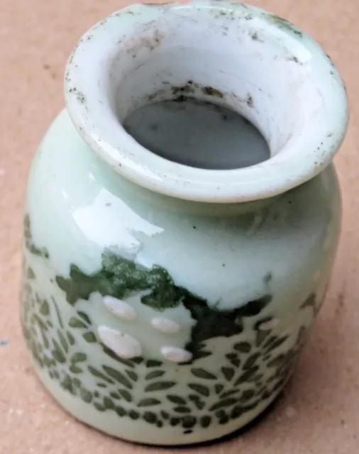 ANTIQUE CHINESE GREEN & WHITE INK POT INKWELL Porcelain Qing dynasty HAND COLOR 2