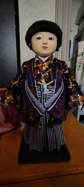 Vintage Japanese Ichimatsu Gofun Japanese Kids Doll 16" Purple And Navy Kimono