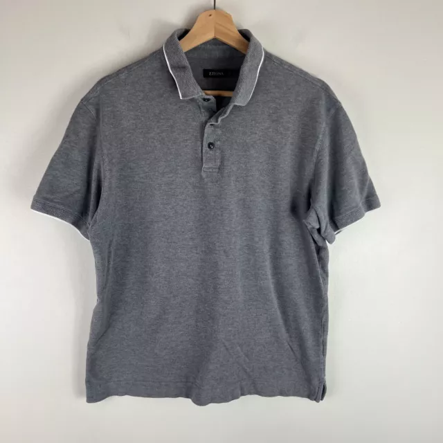 Z Zegna Polo Shirt Mens Large Gray Pique Short Sleeve Logo Preppy Cotton