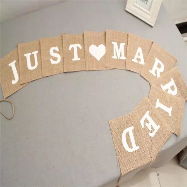 Wedding Bunting Rustic Hessian Burlap Jute Just Married Banner Flag B