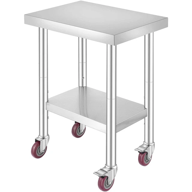 Stainless Steel Work Table 24 x 18 x 34 In 4 Wheels Food Prep Commercial