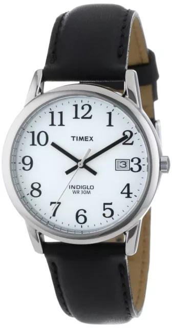 Timex T2H281, Men's Easy Reader Black Leather Watch, Indiglo, Date, 35MM Case