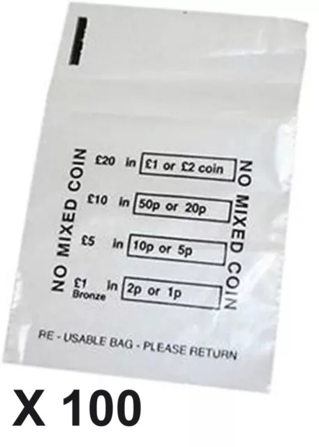 100 X Plastic Coin Bags - Money Bank Bags No Mixed Coins Change  Cash Retail Bag