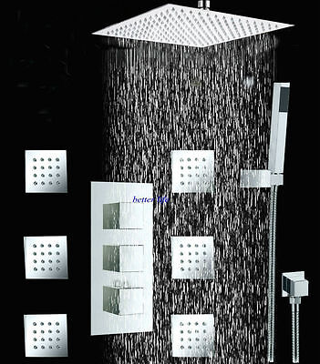 Thermostatic Bathroom 10'' Shower Head Mixer 6 Body&Massage Spray Jets Brass Tap