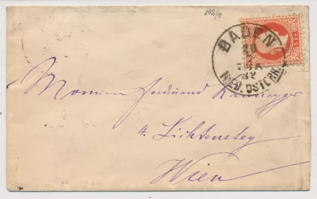 ÖSTERREICH 1882 5kr Briefkuvert BADEN (Nö) nach WIEN. Schön, attraktiv!