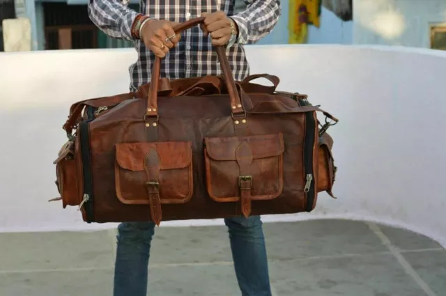 Luggage Duffel Gym Bag New Men's Brown Vintage Genuine Leather Goat hide Travel