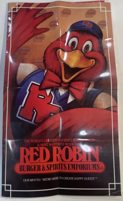 Rare 1985  Red Robin Burger & Spirits Emporium Large Fold Out Laminated Menu