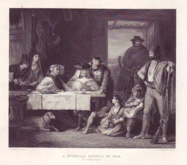 DAVID WILKIE A Guerrilla Council of War - Stampa antica incisa originale, c.1845