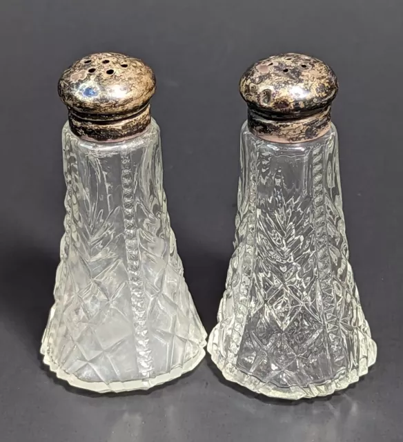 Vintage Cut Glass Salt & Pepper Shakers Sterling Silver Tops