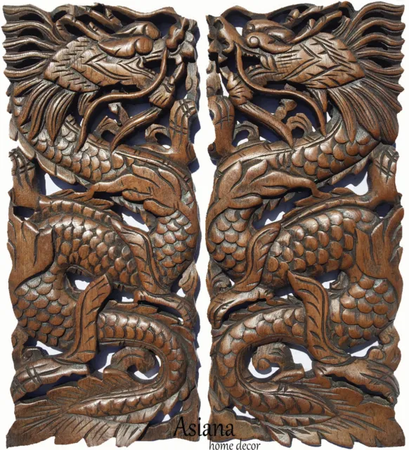 Lucky Chinese Dragon Carved Wood Small Panels. Asian Home Decor. Set of 2 Brown