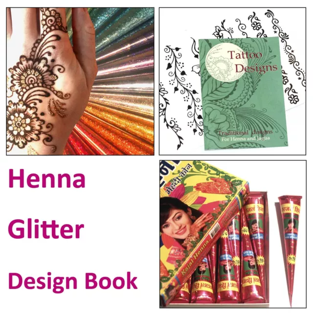 Dark Brown HENNA Cones GLITTER Cones Many Colours DESIGN Book Mehndi Tattoos JS