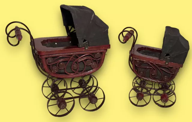 2 Pc Wood Metal Ratan Baby Doll Buggy Carriage Stroller Pram Canopy Home Decor
