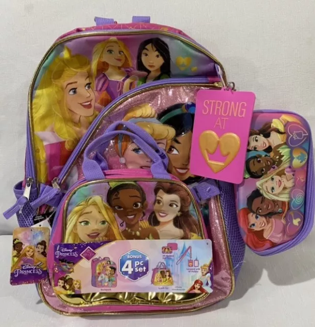 Disney Princess Backpack 4 Piece Set 3D Zip Case Lunch Kit Lanyard NWT