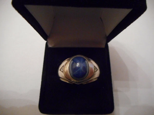 VTG 14K White Gold Dark Blue Cabochon Synthetic Linde Star-Sapphire Mens Ring