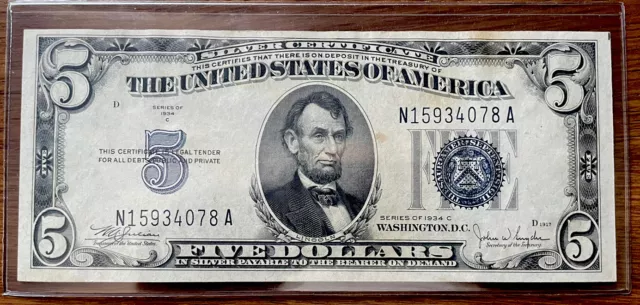 1934-C $5-Silver Certificate Banknote-Blue Seal, FREE SHIPPING