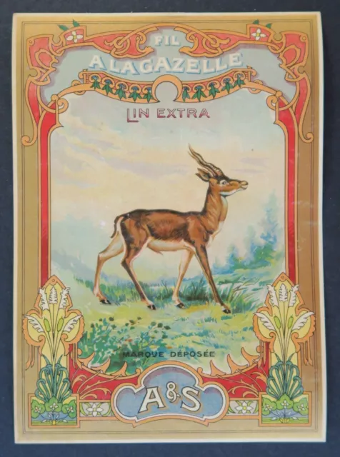 Ancienne grande étiquette FIL A LA GAZELLE A&S linen thread label 12